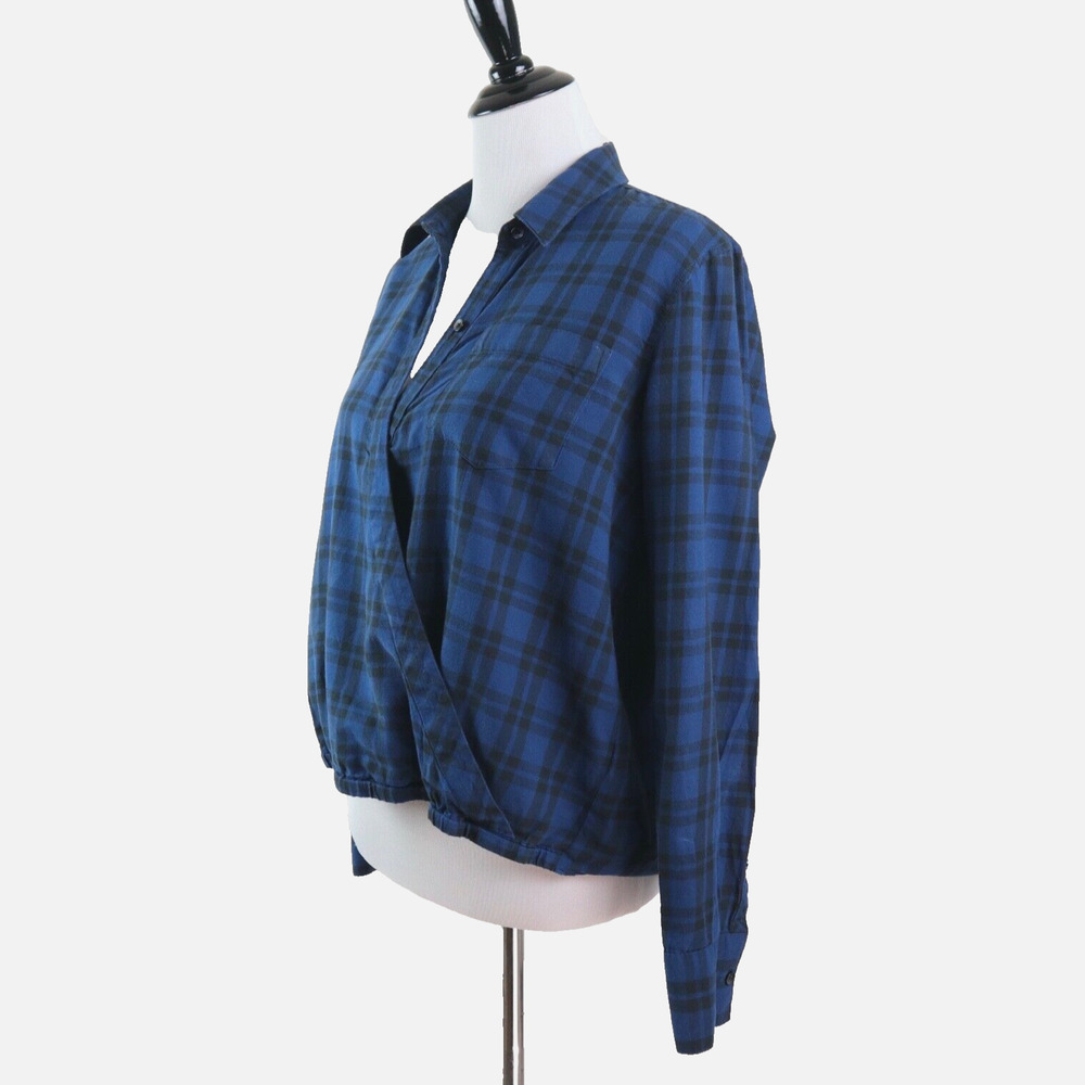 Madewell Size M Wrap-Front Shirt Arion Plaid Collared Blue Black